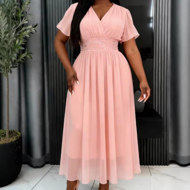 Damen Elegant Fließendes Maxikleid mit V-Ausschnitt und Taillierung Drune
