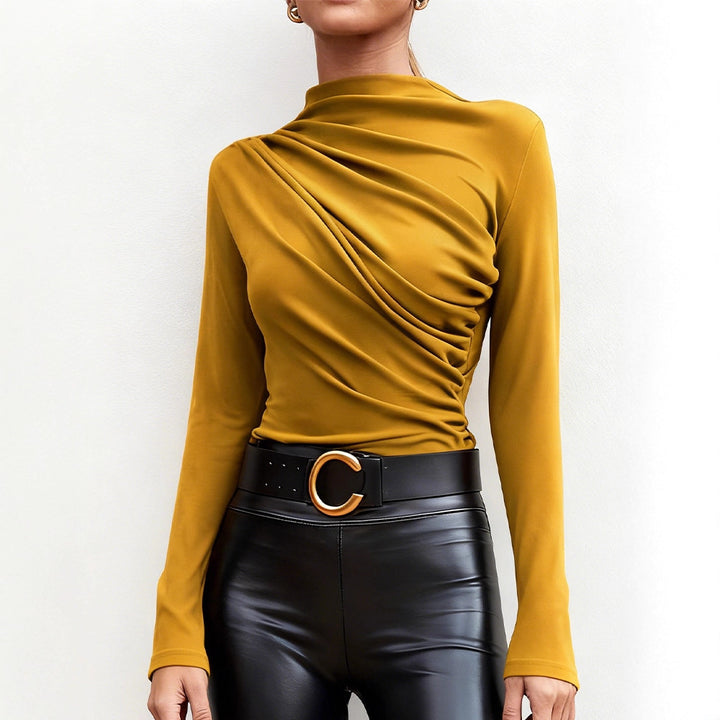 Damen elegantes Langarmshirt mit luxuriösem Drapierungsdesign und schickem Stehkragen Drune