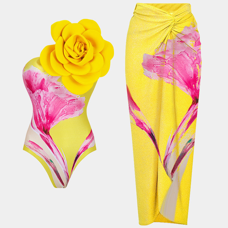 Damen Einteiler Badeanzug mit floralem Design und elegantem Wickelrock Drune