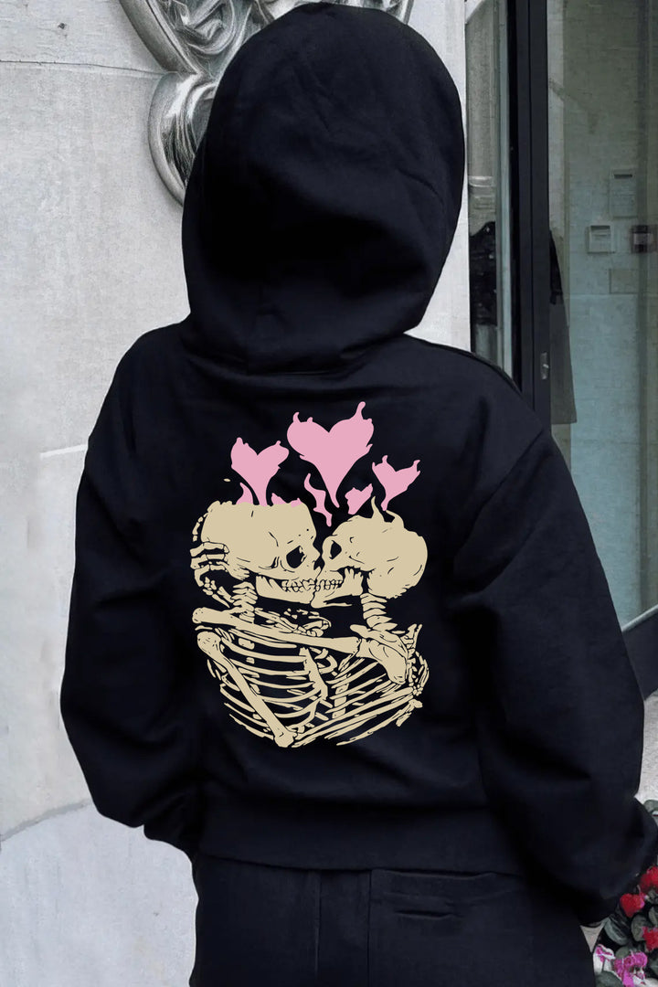 Damen Hoodie mit einzigartigem Skelett-Motiv und Herzgrafik Drune
