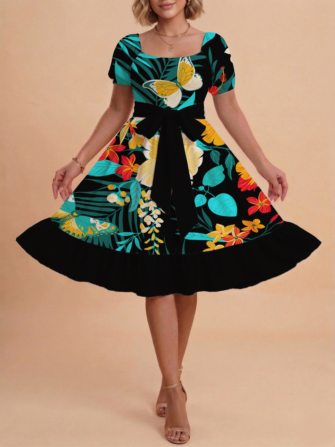 Damen modernes Blumenkleid mit elegantem Taillengürtel und asymmetrischem Saum Drune
