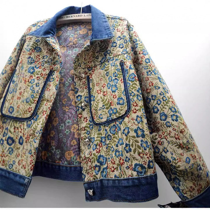 Damen Blumenmuster Denimjacke mit aufgesetzten Taschen und Kragen Drune