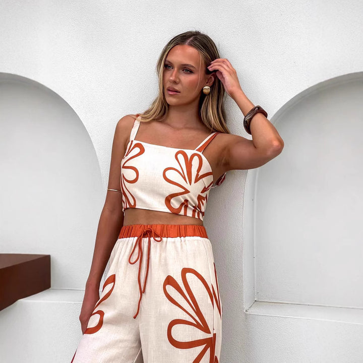 Damen Freizeitoberteil und weit geschnittene Hose mit floralem Muster Drune