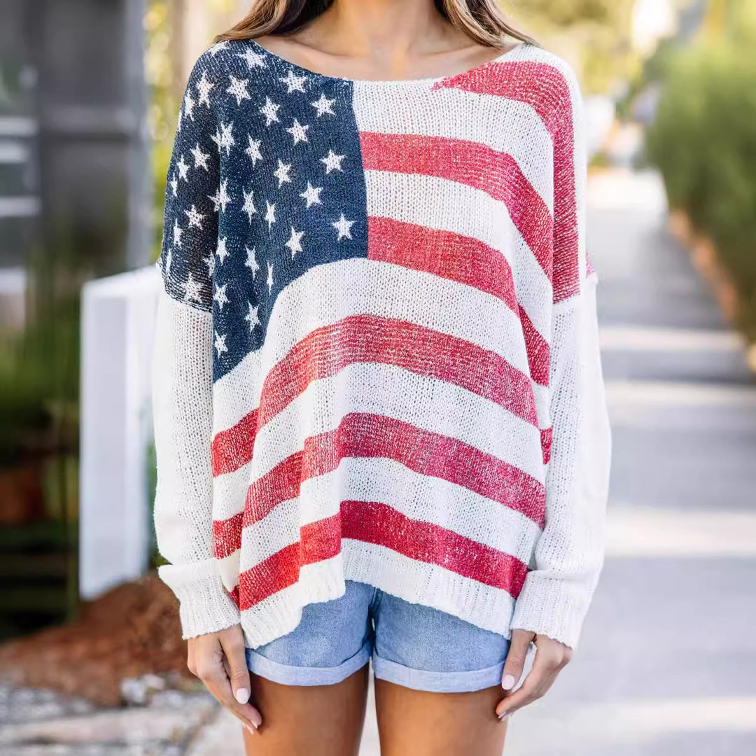 Damen Strickpullover mit patriotischem Flaggenmuster Drune