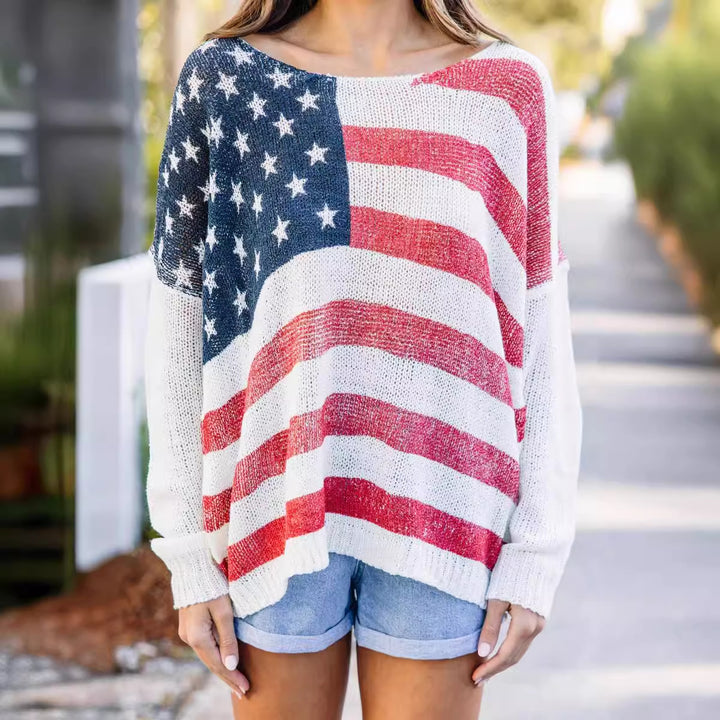 Damen Strickpullover mit patriotischem Flaggenmuster Drune