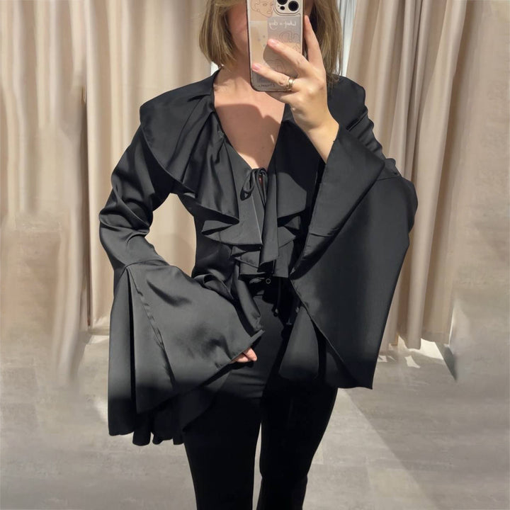 Damen Bluse mit voluminösen Rüschendetails und weitem Ärmel Drune