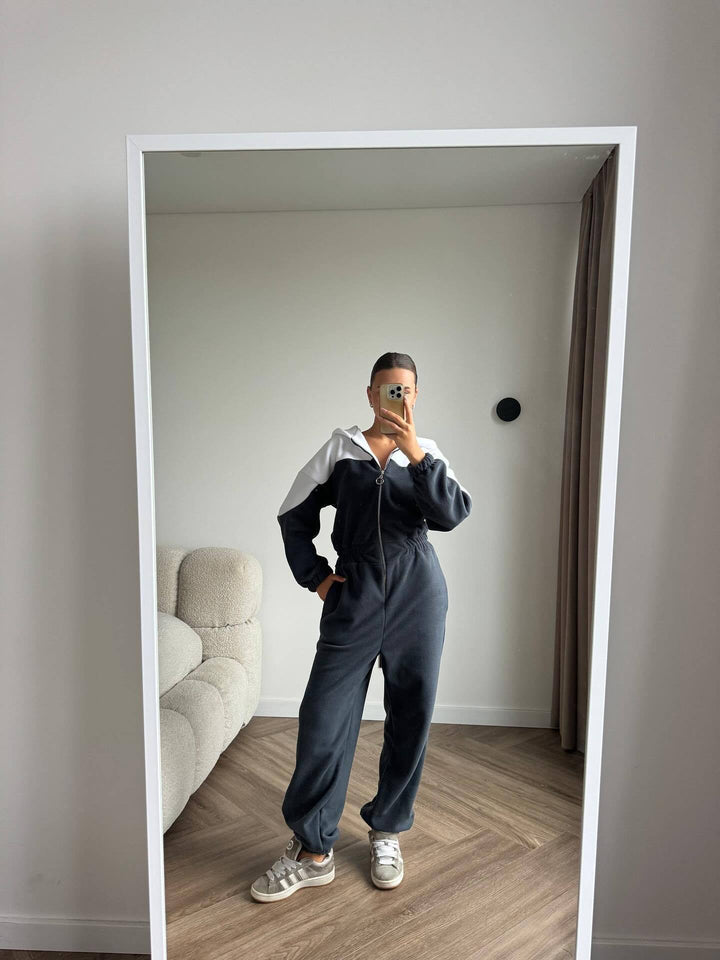 Damen lässiger Fleece-Overall mit elegantem Reißverschluss und Kapuze Drune