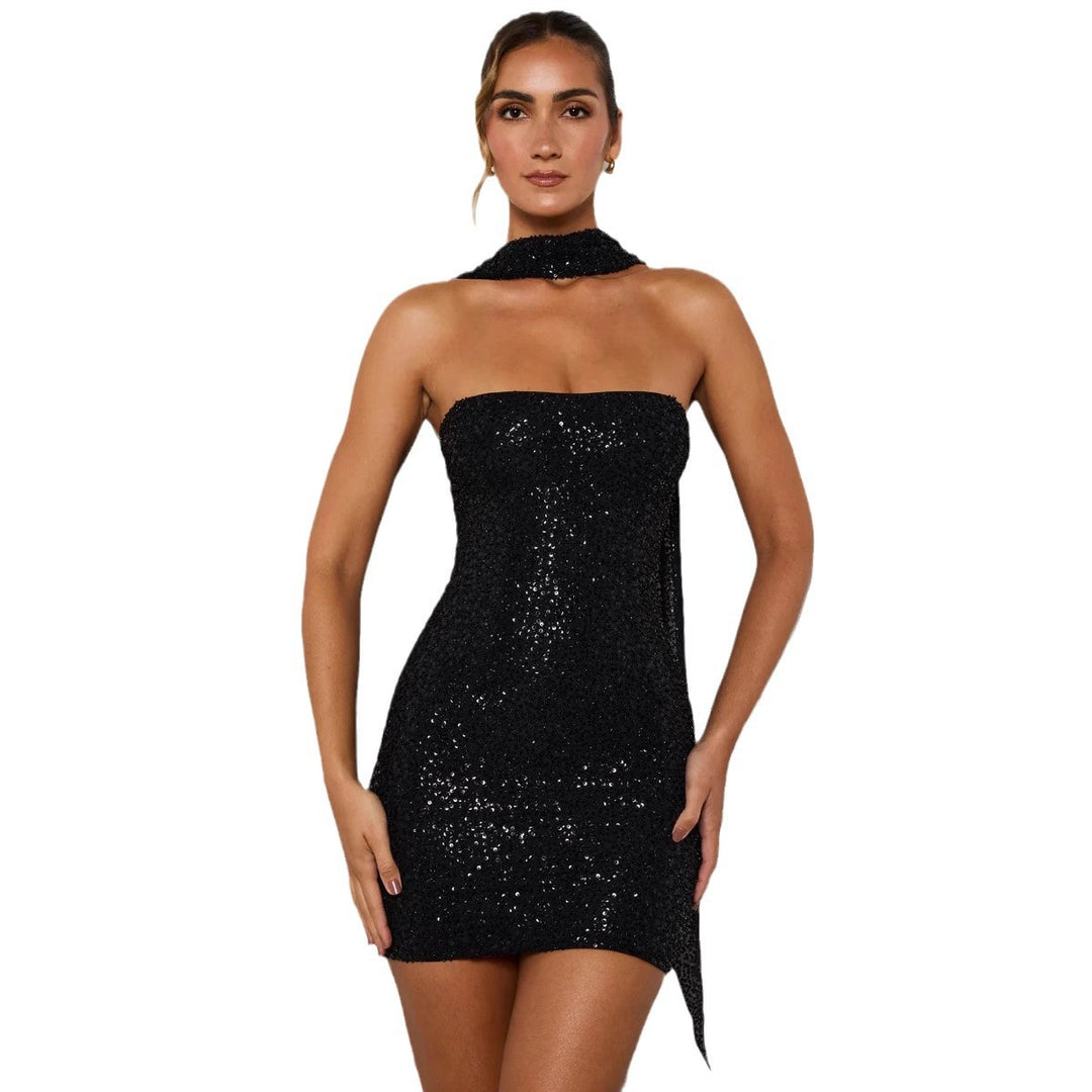 Damen Glamouröses Minikleid mit schimmernden Pailletten und elegantem Halsschmuck Drune