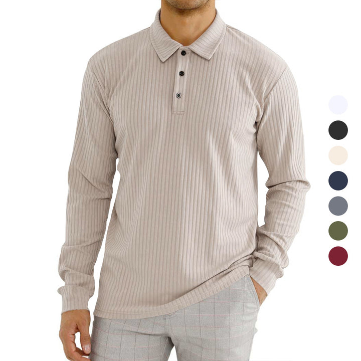 Herren Langarm-Polohemd mit strukturiertem Rippenmuster und Knopfdetail Drune