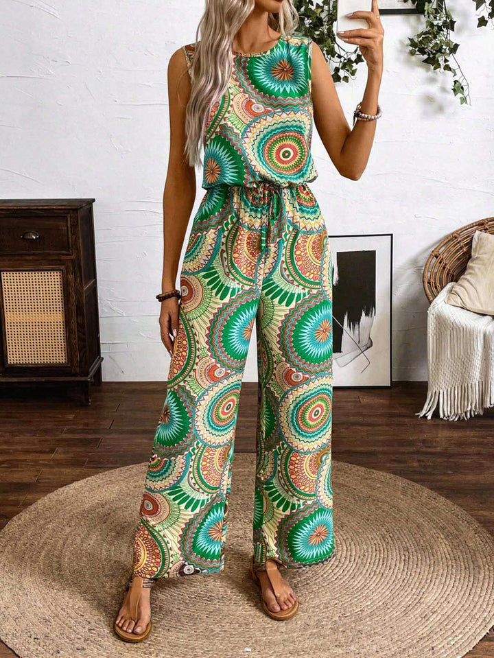 Damen lässiger Jumpsuit mit auffälligem Musterdetail und elastischem Bund Drune