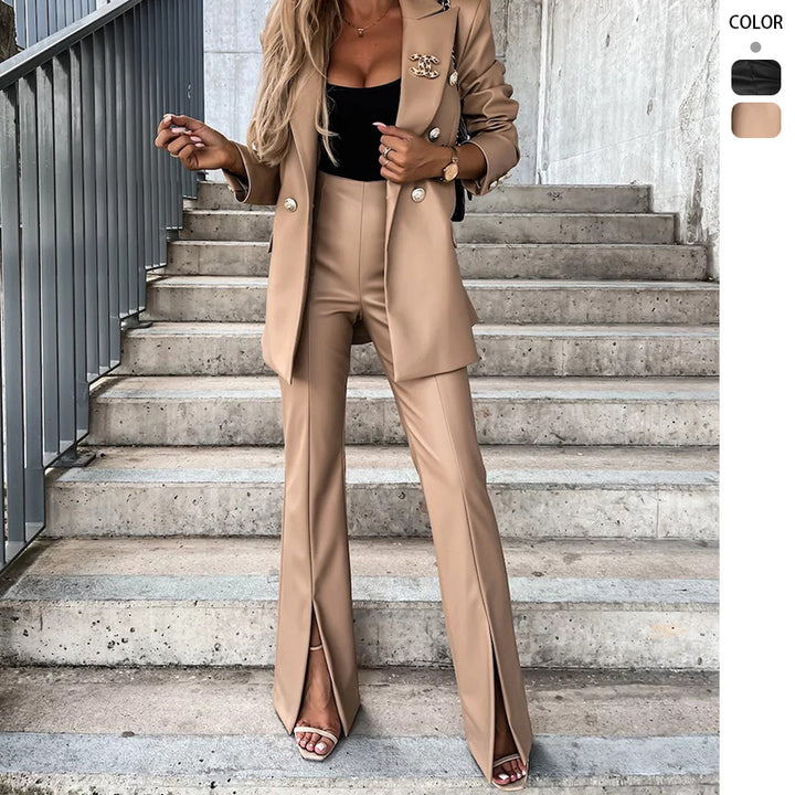 Damen Elegantes Zweiteiliges Blazer- und Hose-Set mit dekorativen Knopfdetails Drune