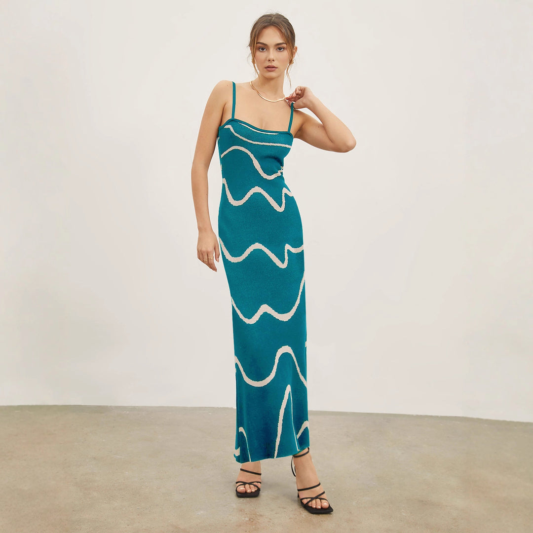 Damen Maxikleid mit modernem Wellenmuster und feinen Spaghettiträgern Drune