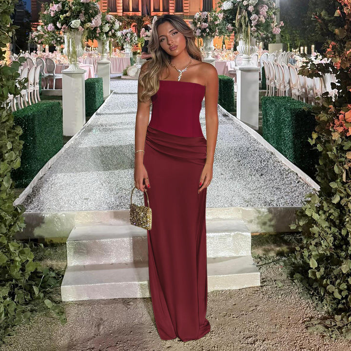 Damen schulterfreies Maxikleid mit Raffungen und eleganter Silhouette Drune