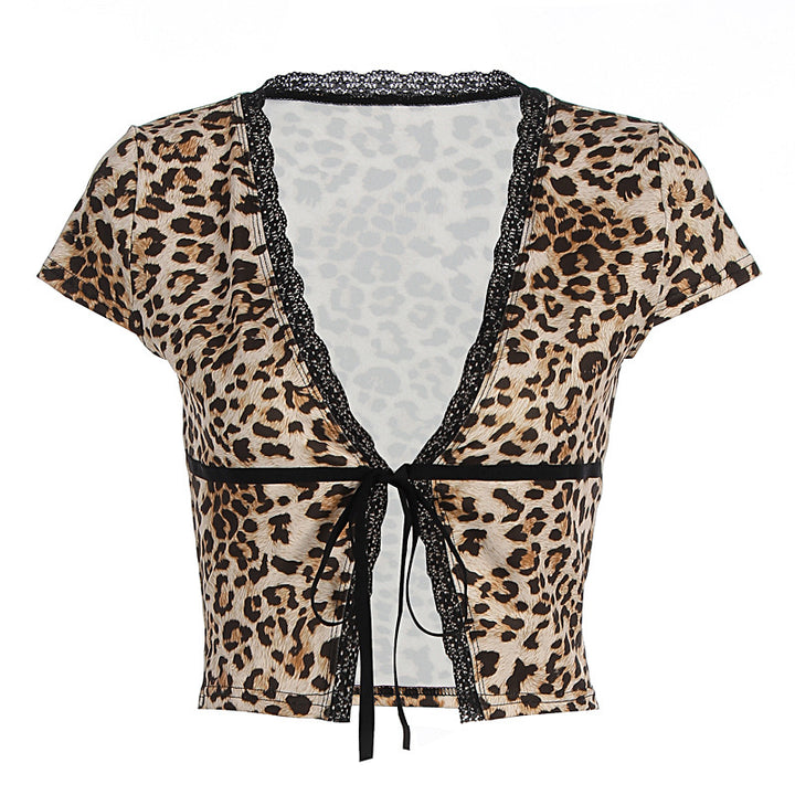 Damen Kurzes Oberteil mit kreativem Animal-Print und edlen Spitzenakzenten Drune