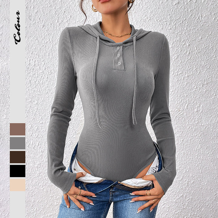 Damen langärmliges Bodysuit mit Kapuze und modernem strukturierter Rippdesign Drune