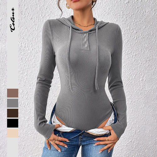 Damen langärmliges Bodysuit mit Kapuze und modernem strukturierter Rippdesign Drune