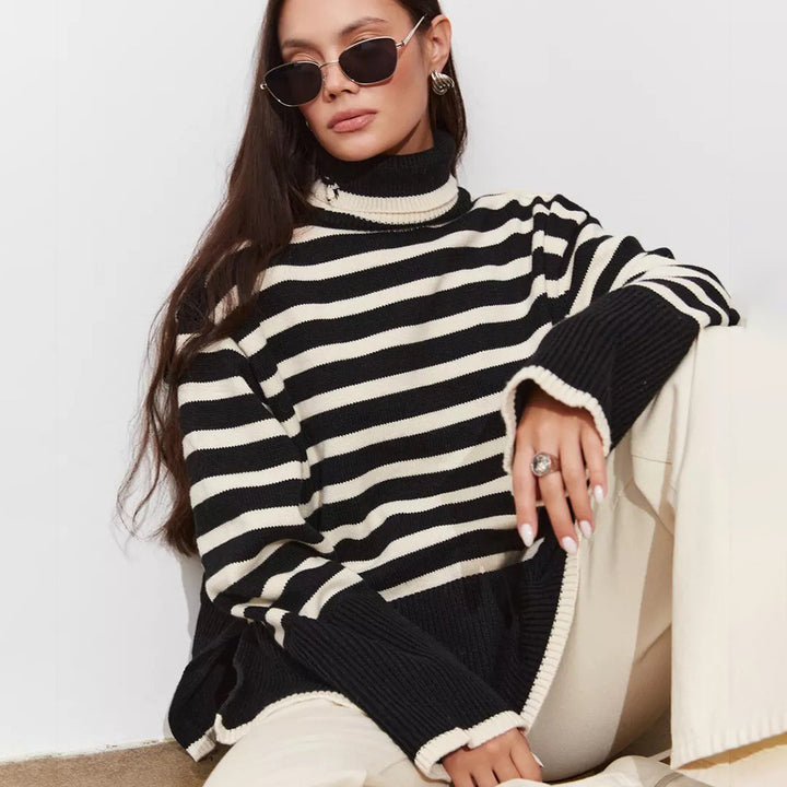 Damen Gemütlicher Rollkragenpullover mit klassischen Streifen und modischen Details Drune