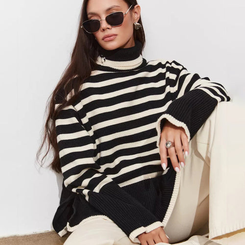 Damen Gemütlicher Rollkragenpullover mit klassischen Streifen und modischen Details Drune