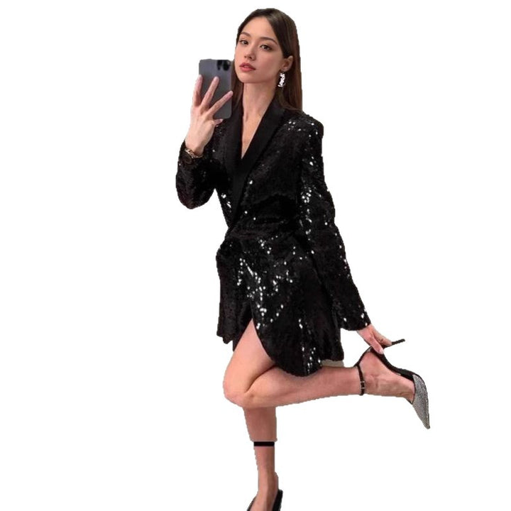 Damen Glitzerndes Wickelkleid im Blazer-Stil mit Taillengürtel Drune