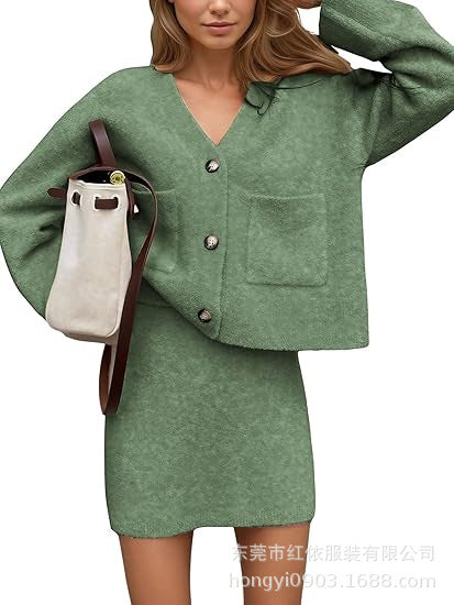 Damen lässiges Strickensemble mit V-Ausschnitt und Knopfdetaillierung Drune