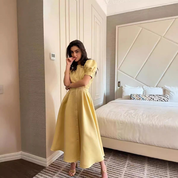Damen Midi-Kleid mit Puffärmeln und schimmerndem Satin-Finish Drune