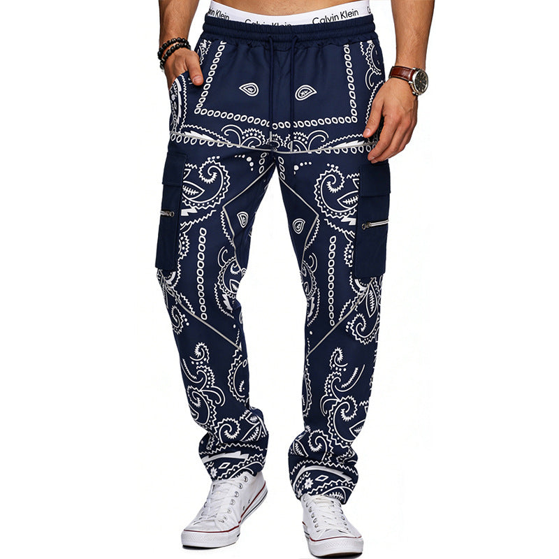 Herren nan Cargo-Jogginghose mit Paisley-Muster, elastischem Bund, multiple Reißverschluss- und Klappentaschen Drune