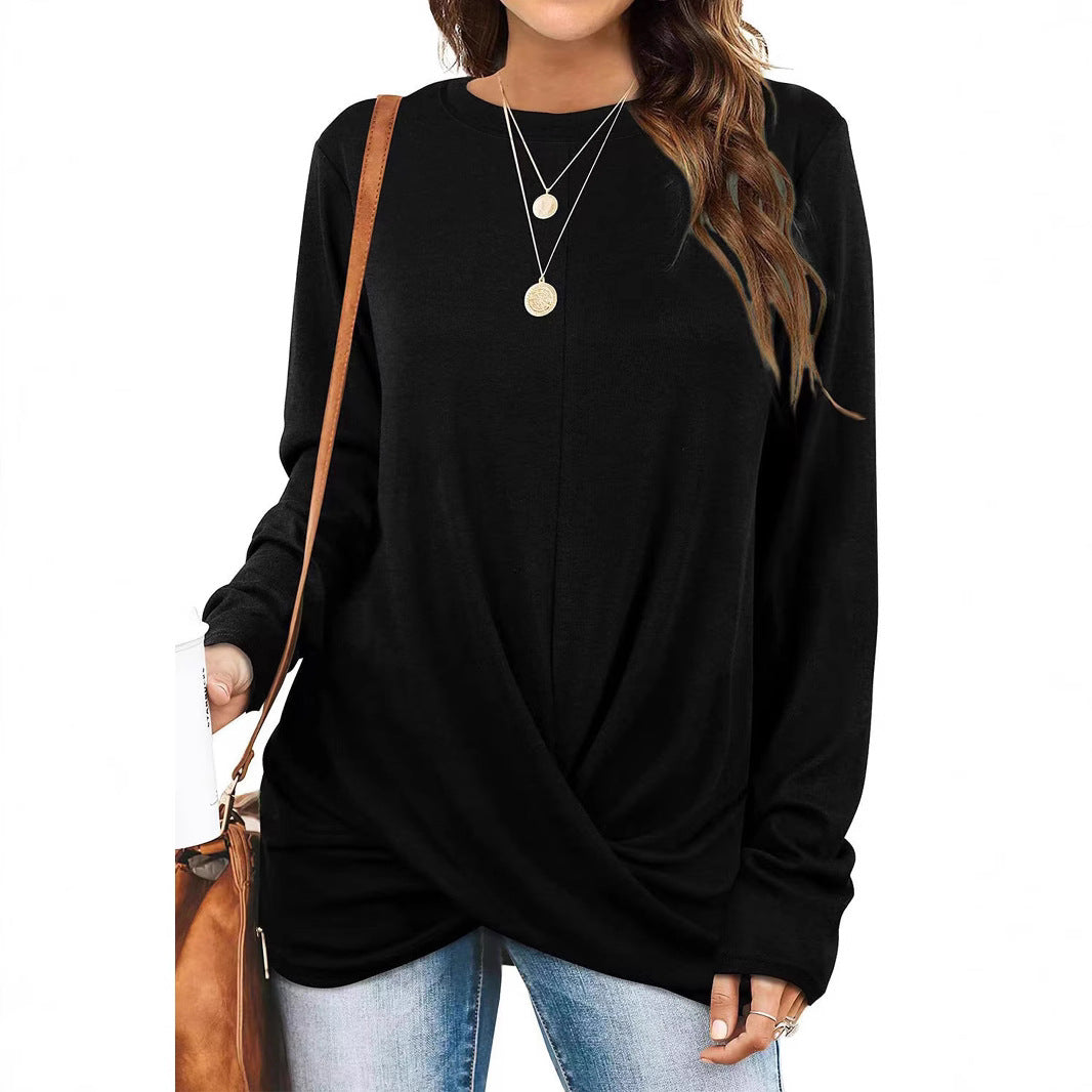 Damen lässiges Longsleeve Oberteil mit Wickeloptik und Rundhalsausschnitt Drune