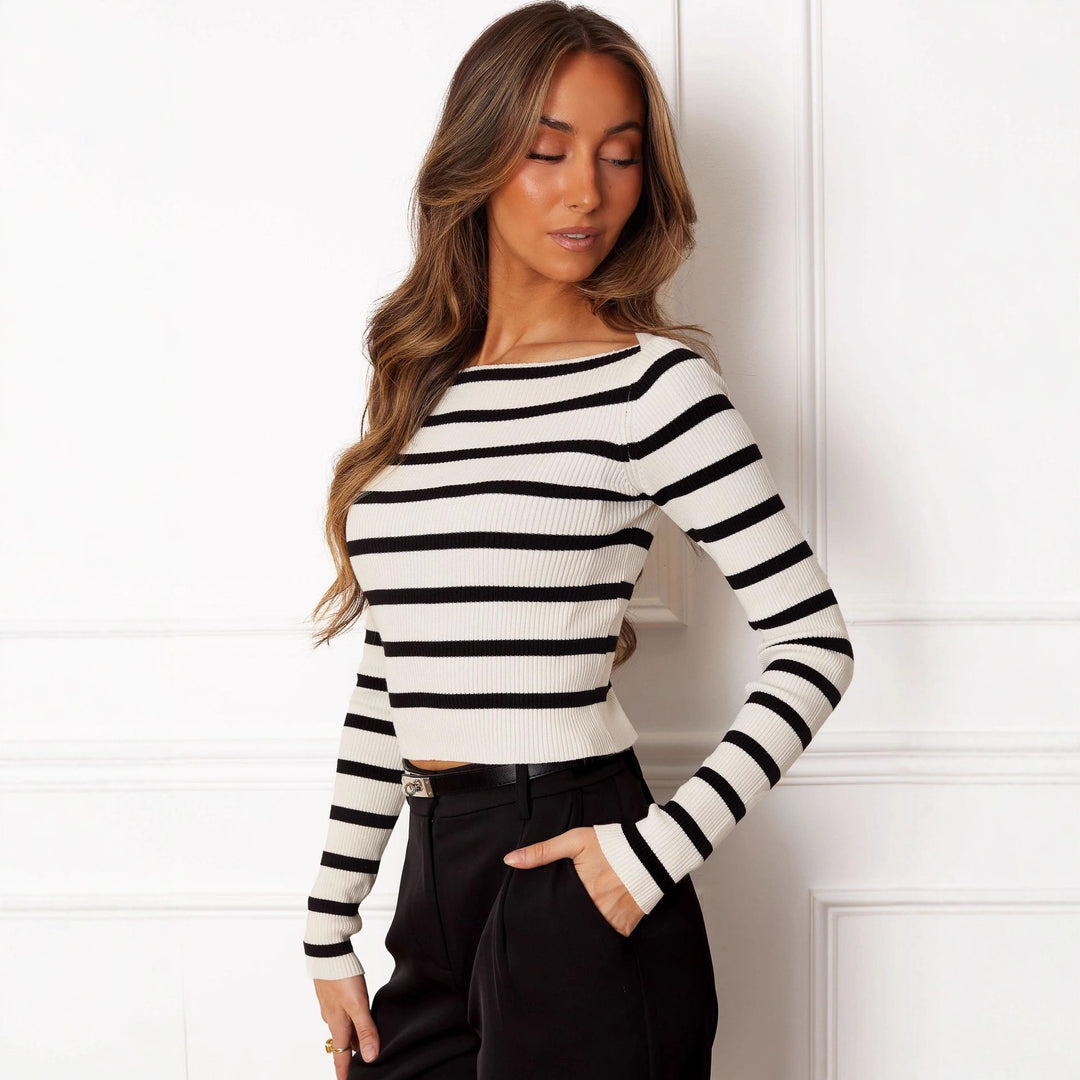 Damen Cropped Langarmshirt mit gestreiftem Muster und weichem Rippdesign Drune