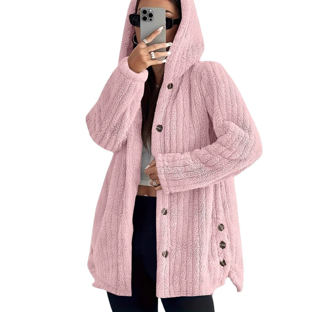 Damen kuschelige Fleecejacke mit Kapuze und Knopfverschluss Drune