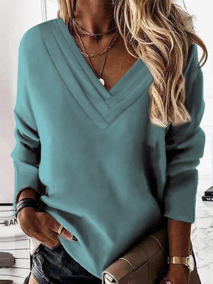 Damen Lässiges V-Ausschnitt Pullover mit eleganten Falten Drune