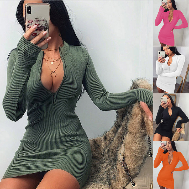 Damen Knit Kleid mit tiefem V-Ausschnitt und langen Ärmeln Drune
