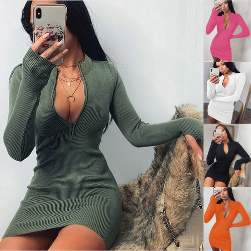 Damen Knit Kleid mit tiefem V-Ausschnitt und langen Ärmeln Drune