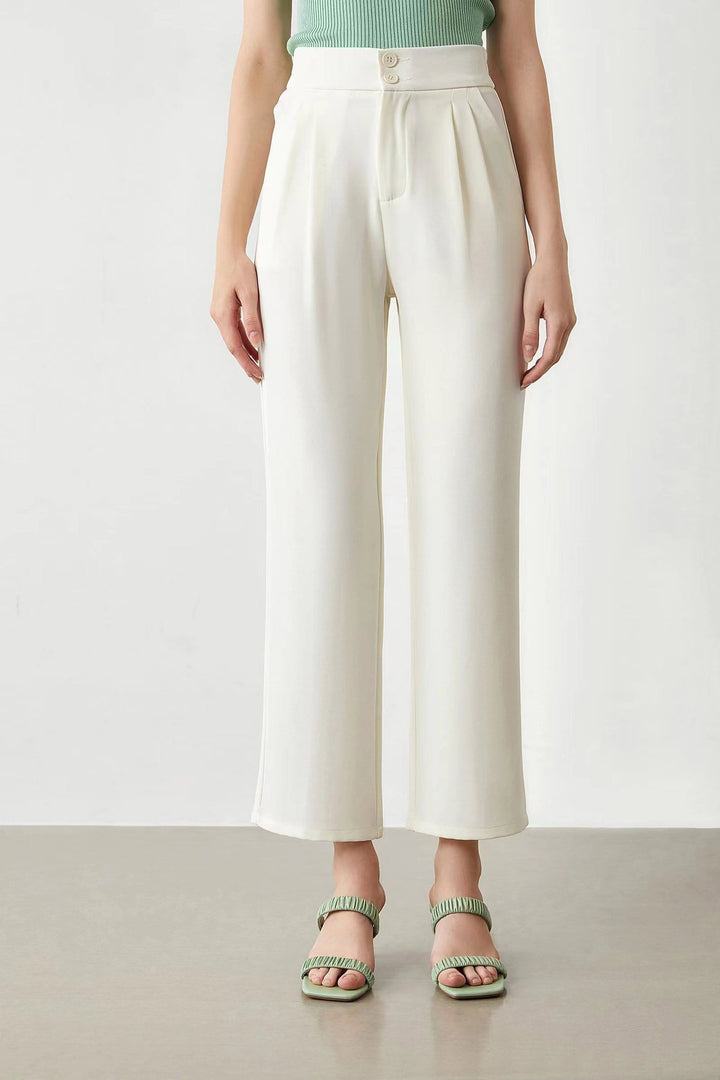 Damen elegante weite Stoffhose mit Bundfalten und hohem Taillenbündchen Drune