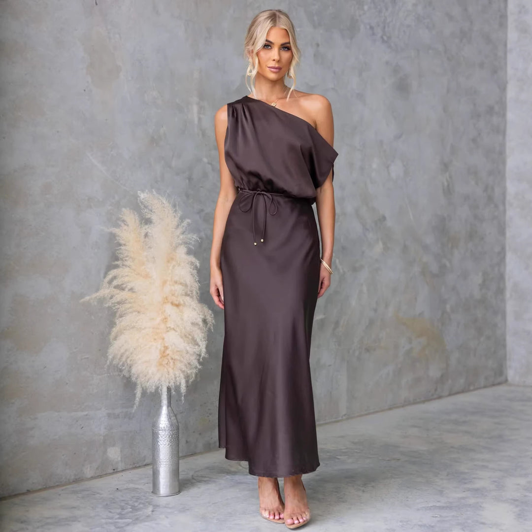 Damen Maxi-Kleid mit schulterfreiem Design und elastischem Taillenbund Drune