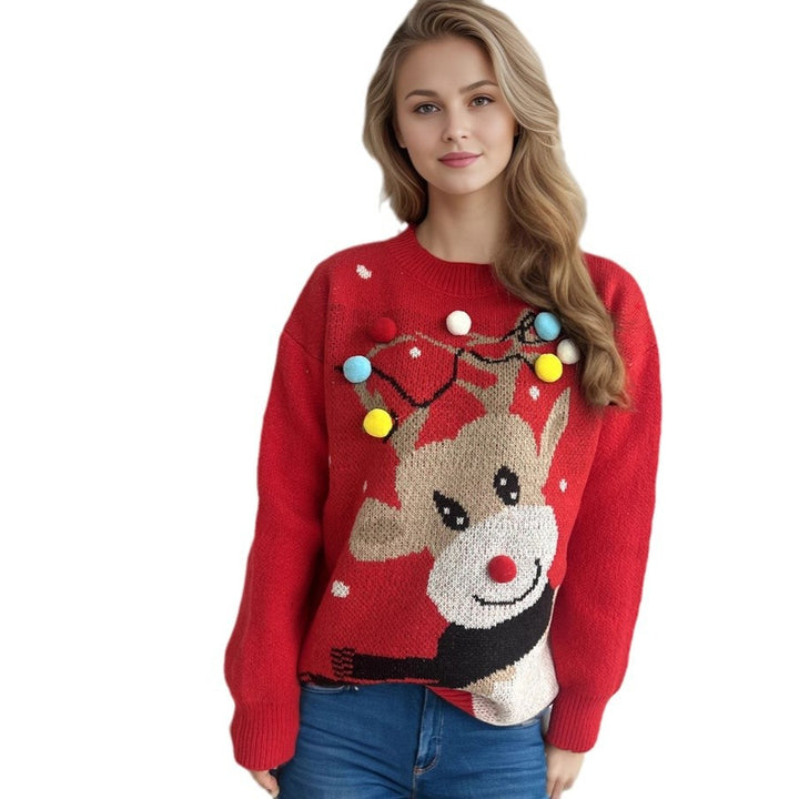 Damen weihnachtlicher Pullover mit einzigartigem Rentiermotiv und bunten Applikationen Drune