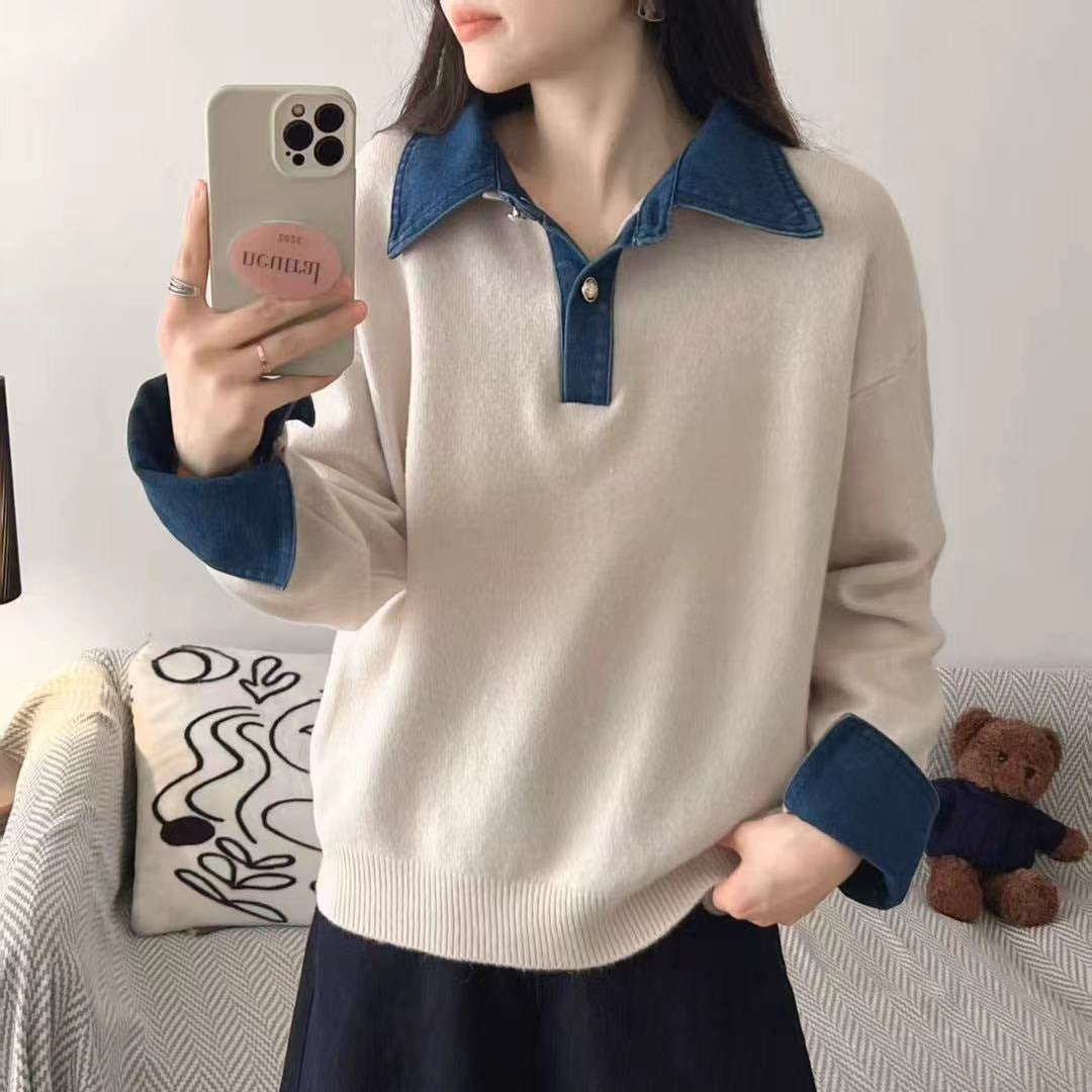 Damen Pullover mit modischem Hemdkragen und weichem Material Drune