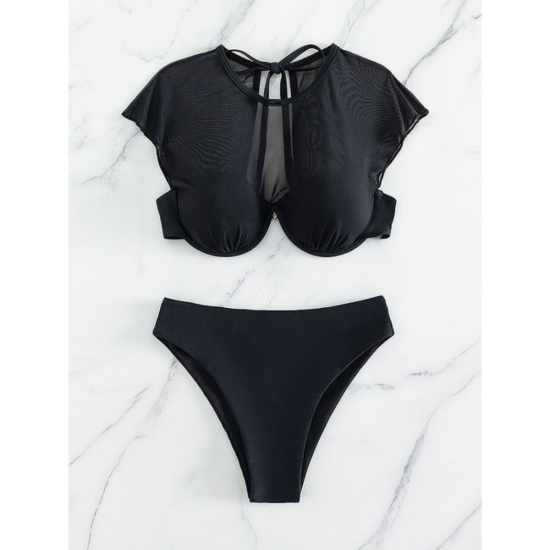 Damen Bikini Oberteil mit transparenten Ärmel und hoch geschnittenem Bund Drune