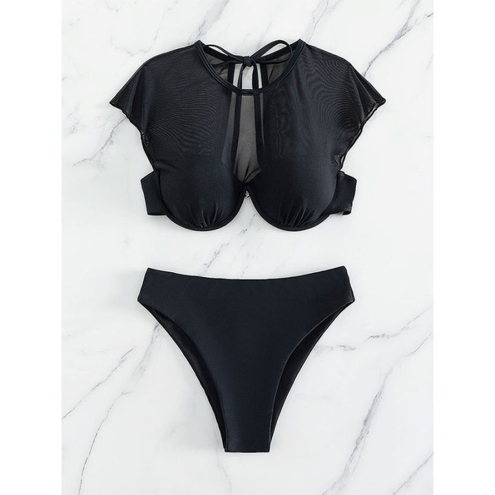 Damen Bikini Oberteil mit transparenten Ärmel und hoch geschnittenem Bund Drune