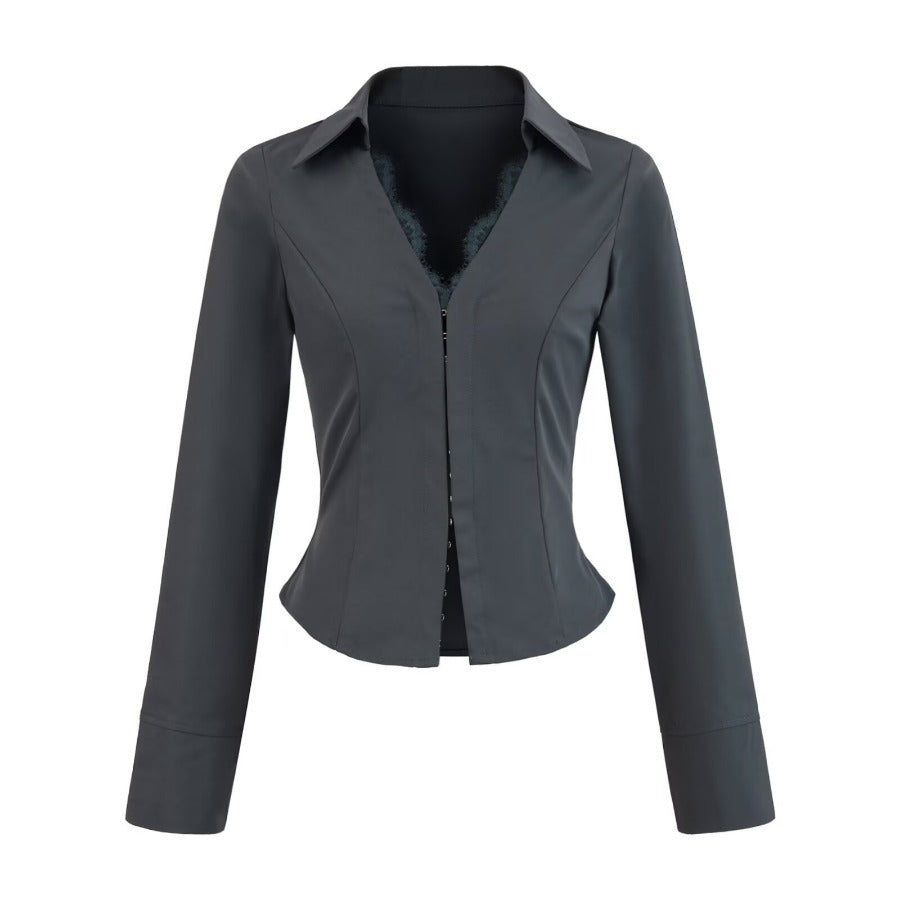 Damen figurbetonte Blazerjacke mit Spitzenbesatz Drune