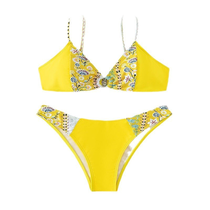 Damen Hochgeschnittener Triangel-Bikini mit floralen Applikationen und Knopfdetail Drune