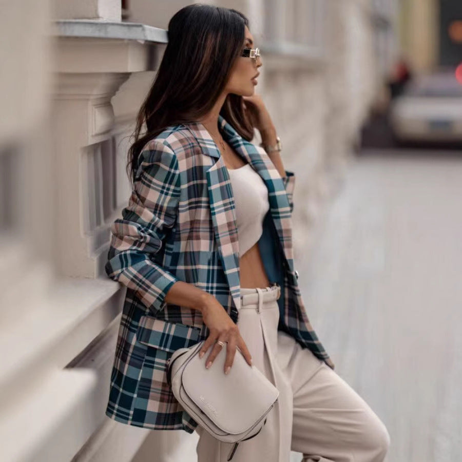 Damen Karierter Blazer mit klassischen Details Drune