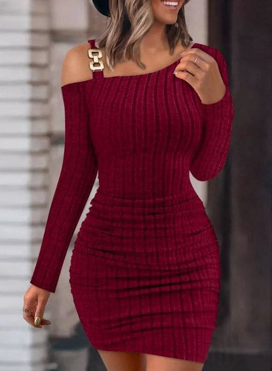 Damen figurbetontes Rippkleid mit schulterfreiem Design und modischen Details Drune