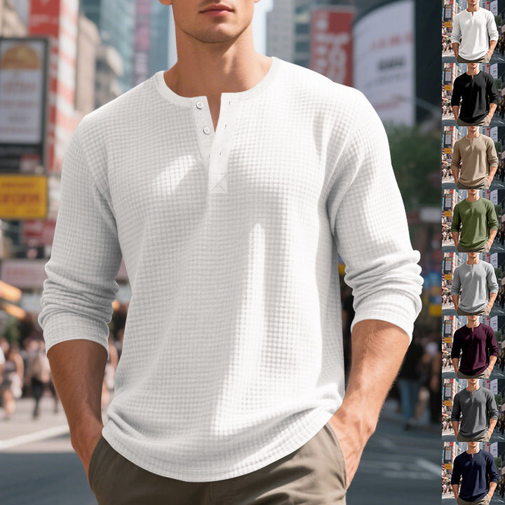Herren nan Waffelstruktur-Henley-Langarmshirt mit Rundhalsausschnitt, mehrfacher Knopfleiste und entspannter Passform Drune