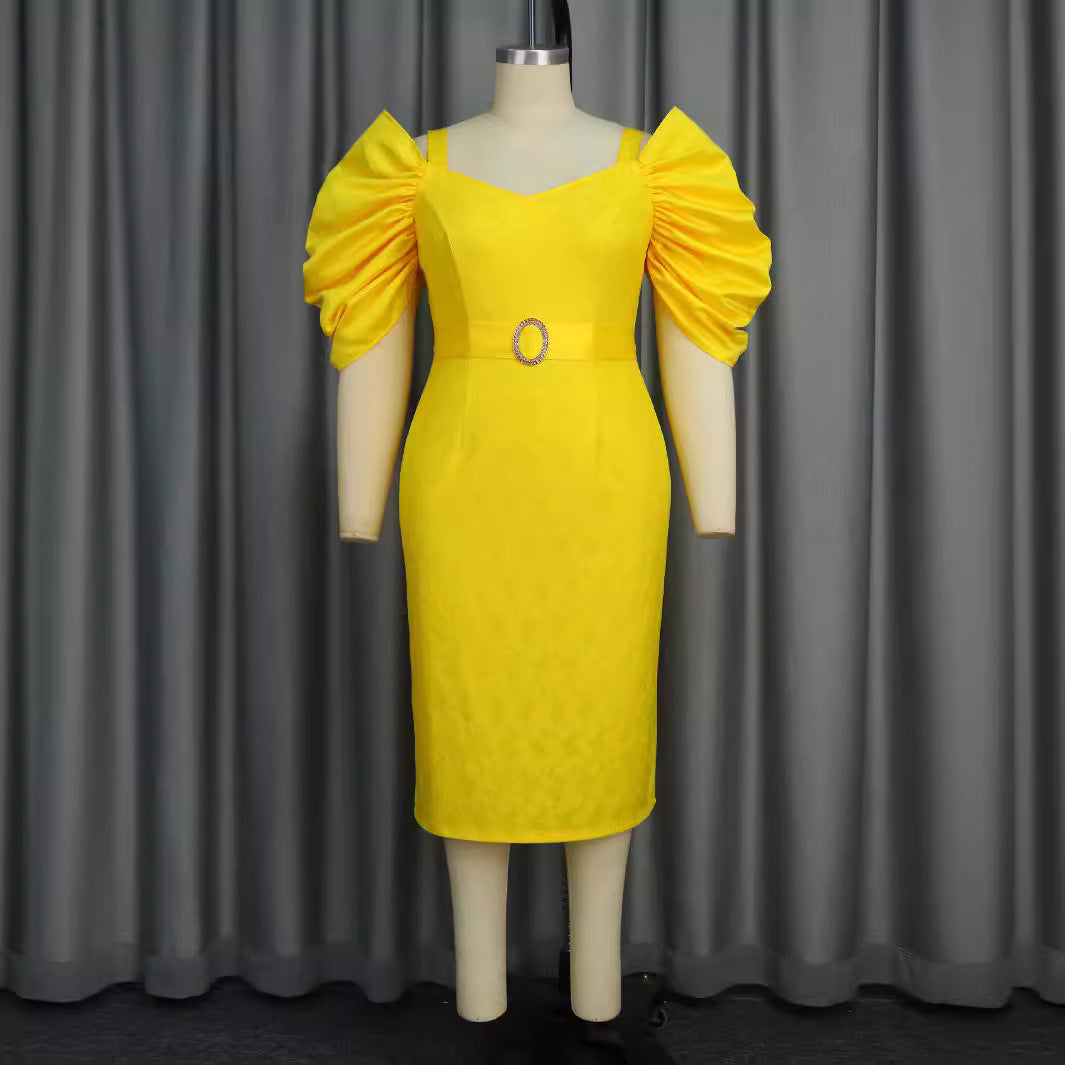 Damen figurbetontes Kleid mit voluminösen Puffärmeln und glitzerndem Gürtel Drune