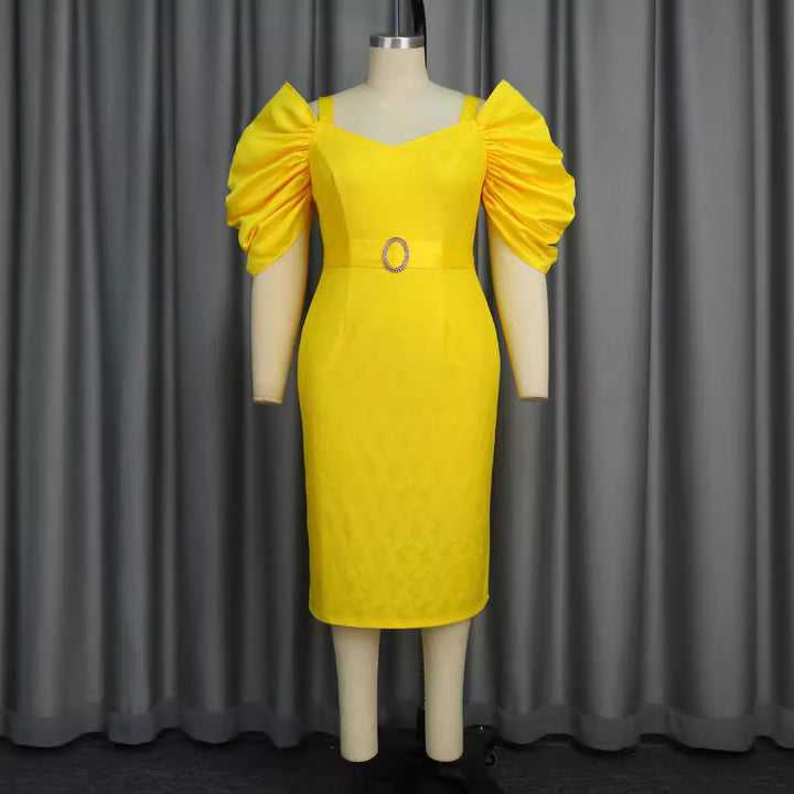 Damen figurbetontes Kleid mit voluminösen Puffärmeln und glitzerndem Gürtel Drune