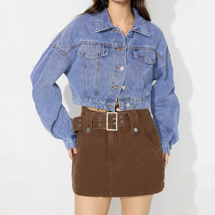 Damen cropped Jeansjacke mit voluminösen Ärmeln und modischen Knopfdetails Drune