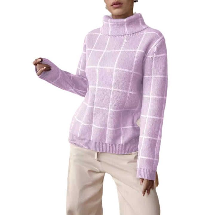 Damen lässiger Grobstrickpullover mit modernem Karomuster und hoher Kragen Drune