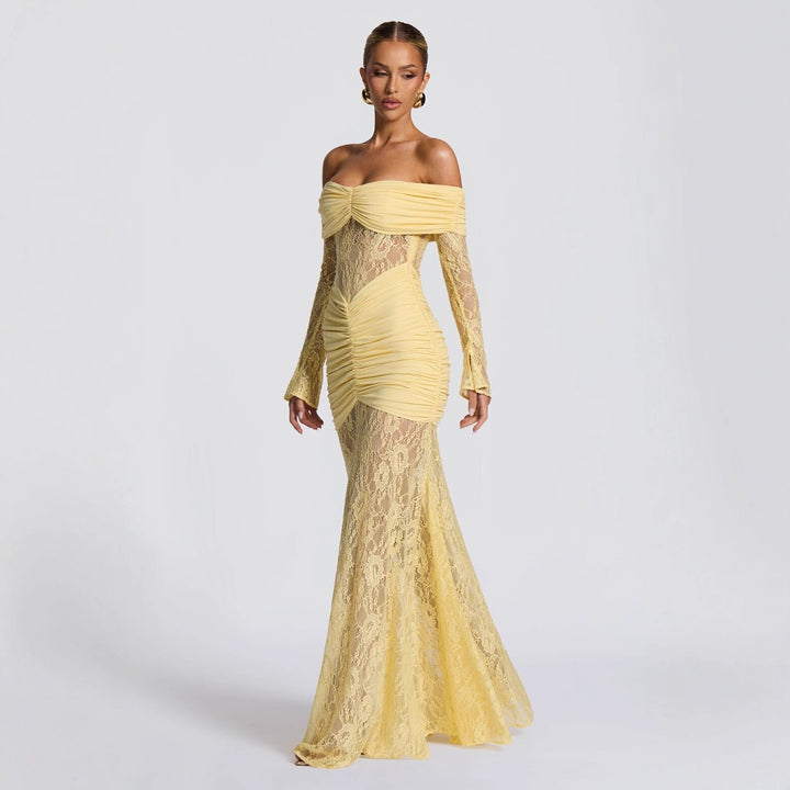 Damen elegantes Spitzenkleid mit Off-Shoulder-Ausschnitt und Raffungen Drune