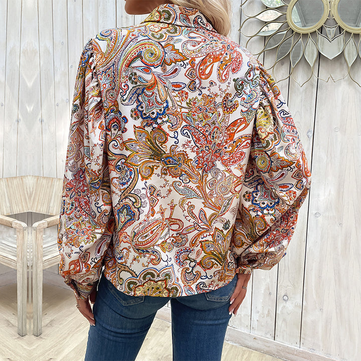 Damen Bluse mit auffälligem Paisleymuster und voluminösen Puffärmeln Drune