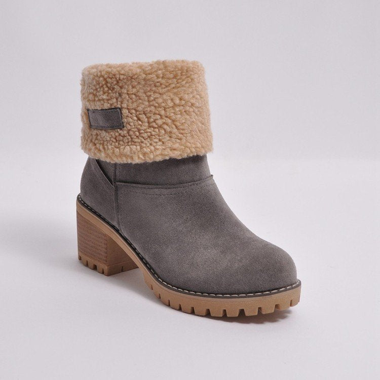 Damen nan gefütterte Kurzstiefelette mit Umschlag-Fellmanschette, Wildlederoptik und robuster Profilsohle Drune